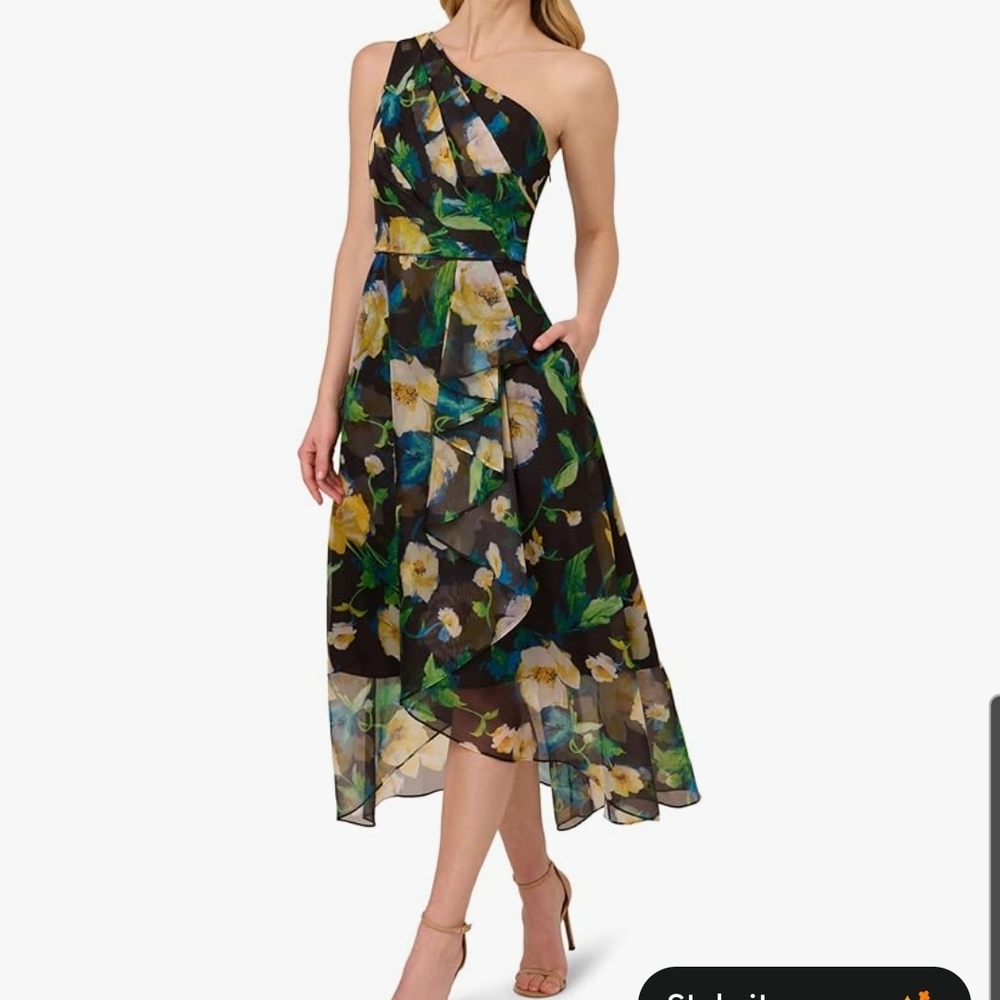 Adrianna Papell Black One-Shoulder Floral Midi Dress
